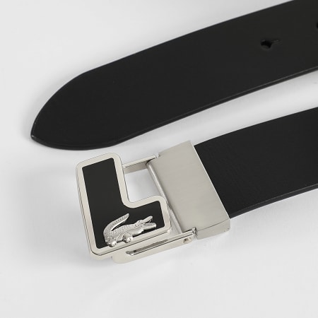 Lacoste - Cinturón Cocodrilo Logo Metal Negro Plata