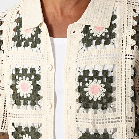 Frilivin - Chemise Manches Courtes Ajourée 996 Beige Vert Kaki Floral