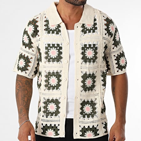 Frilivin - Chemise Manches Courtes Ajourée 996 Beige Vert Kaki Floral