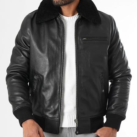 Schott NYC - Veste Cuir Véritable Col Mouton LC1380 Noir