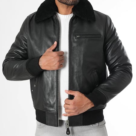Schott NYC - Veste Cuir Véritable Col Mouton LC1380 Noir