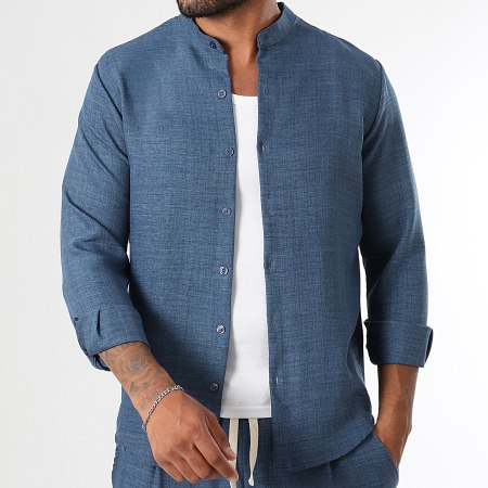 LBO - Camisa Manga Larga Efecto Lino Cuello Oficial 2296 LT Azul Marino Brezo