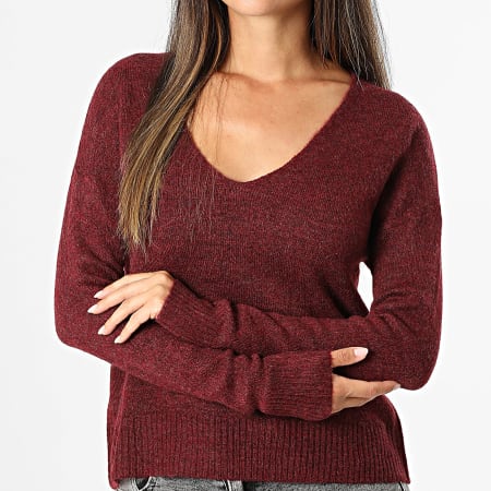 Only - Pull Col V Femme Elanora Bordeaux Chiné