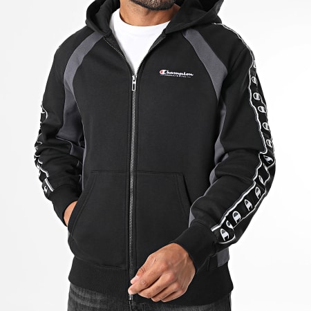 Champion - Sweat Capuche Zippé A Bandes 221932 Noir Gris Anthracite