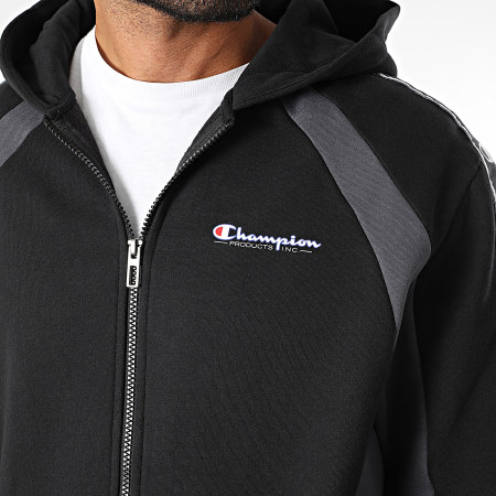 Champion - Sweat Capuche Zippé A Bandes 221932 Noir Gris Anthracite