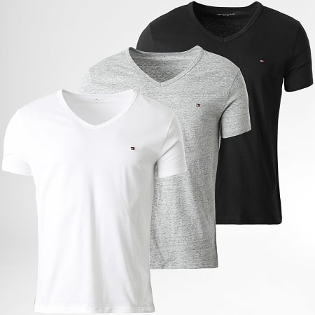 Tommy Hilfiger - Lot De 3 Tee Shirts Col V Signature 3637 Noir Blanc Gris Chiné