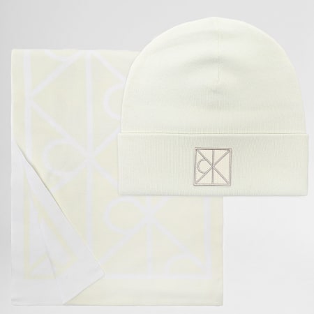 Calvin Klein - Lot Echarpe Et Bonnet Emblem Aop 007G Beige Clair Blanc