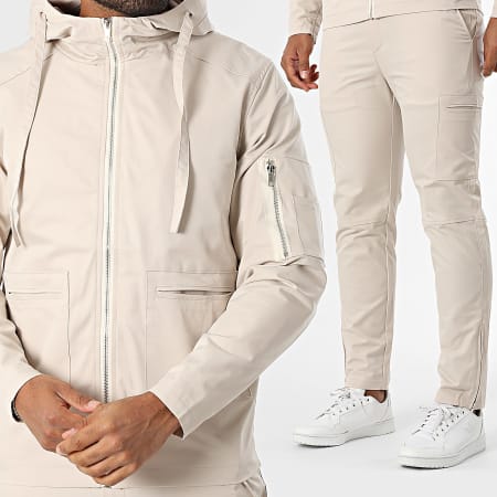 Frilivin - Conjunto de chaqueta con capucha y cremallera y pantalón cargo beige claro