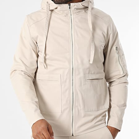 Frilivin - Conjunto de chaqueta con capucha y cremallera y pantalón cargo beige claro