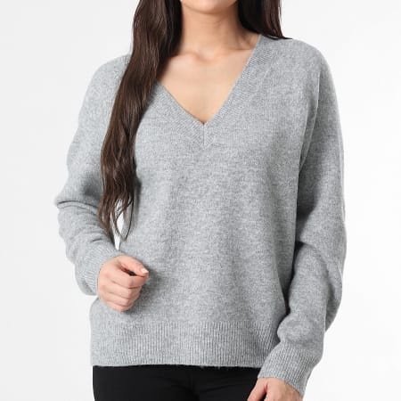 Only - Pull Col V Femme Rene Life Gris Chiné