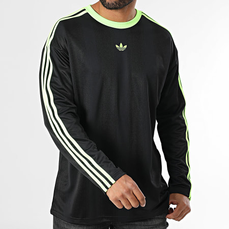 Adidas Originals - Tee Shirt Manches Longues A Bandes Jacquard Jersey JX1518 Noir Vert Fluo