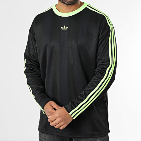 Adidas Originals - Tee Shirt Manches Longues A Bandes Jacquard Jersey JX1518 Noir Vert Fluo