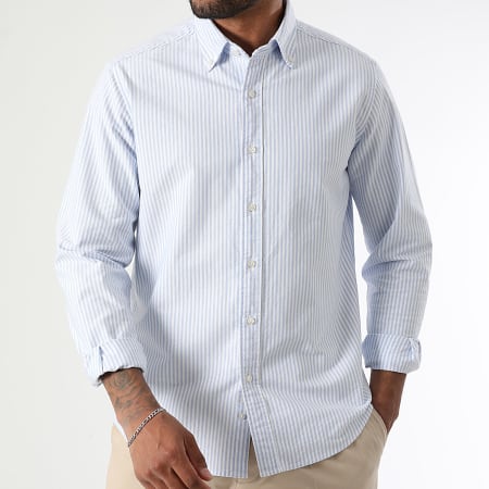 LBO - Lot De 2 Chemises Manches Longues Oxford 0012 0005 Blanc Bleu Blanc Rayures