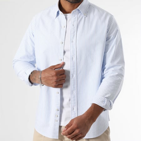 LBO - Lot De 2 Chemises Manches Longues Oxford 0012 0005 Blanc Bleu Blanc Rayures