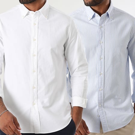 LBO - Lot De 2 Chemises Manches Longues Oxford 0012 0005 Blanc Bleu Blanc Rayures