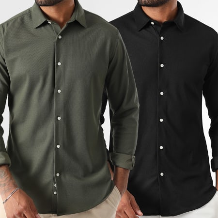 LBO - Lote de 2 camisas de manga larga de piqué elástico 0017 0002 Negro Verde Caqui