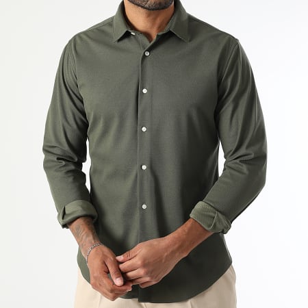 LBO - Lote de 2 camisas de manga larga de piqué elástico 0017 0002 Negro Verde Caqui