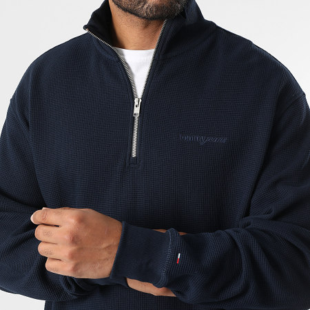 Tommy Jeans - Sudadera con cuello de cremallera Waffle Script 1880 azul marino