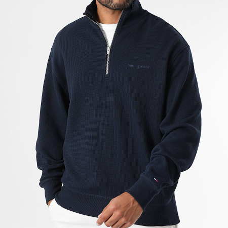 Tommy Jeans - Sudadera con cuello de cremallera Waffle Script 1880 azul marino