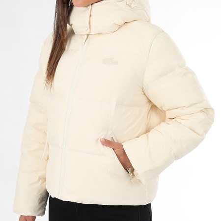 Lacoste - Doudoune Capuche Femme Big Logo Crocodile Beige Clair