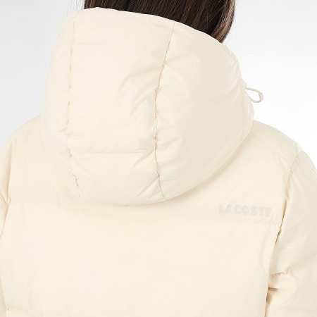 Lacoste - Doudoune Capuche Femme Big Logo Crocodile Beige Clair