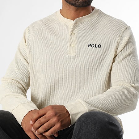 Polo Ralph Lauren - Tee Shirt Manches Longues Texturé Waffle Logo Beige Chiné