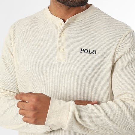 Polo Ralph Lauren - Tee Shirt Manches Longues Texturé Waffle Logo Beige Chiné