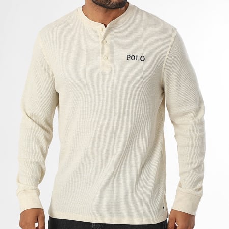 Polo Ralph Lauren - Tee Shirt Manches Longues Texturé Waffle Logo Beige Chiné