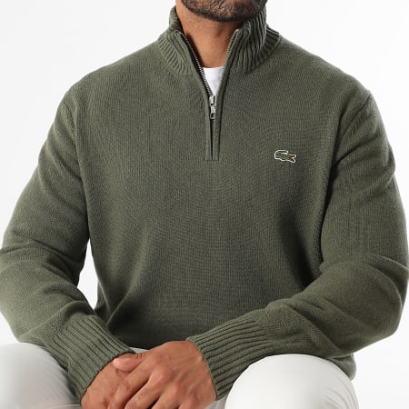 Lacoste - Pull Col Zippé Classic Fit Logo Brodé Crocodile Vert Kaki