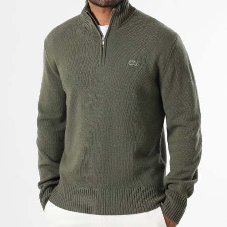 Lacoste - Pull Col Zippé Classic Fit Logo Brodé Crocodile Vert Kaki