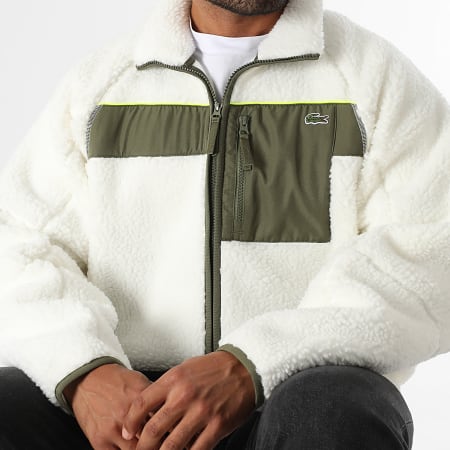 Lacoste - Blanco Verde Caqui Bordado Cocodrilo Logo Sherpa Zip Chaqueta