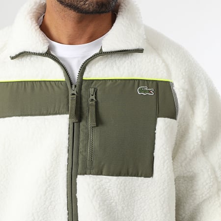 Lacoste - Blanco Verde Caqui Bordado Cocodrilo Logo Sherpa Zip Chaqueta