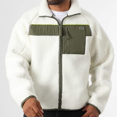 Lacoste - Blanco Verde Caqui Bordado Cocodrilo Logo Sherpa Zip Chaqueta