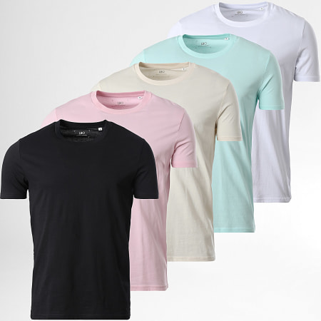 LBO - Pack de 5 camisetas 170 blanco beige jaspeado turquesa claro rosa negro