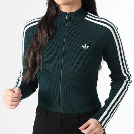 Adidas Originals - Veste Zippée En Mailles A Bandes Femme Slim Knit JY2599 Vert Bouteille