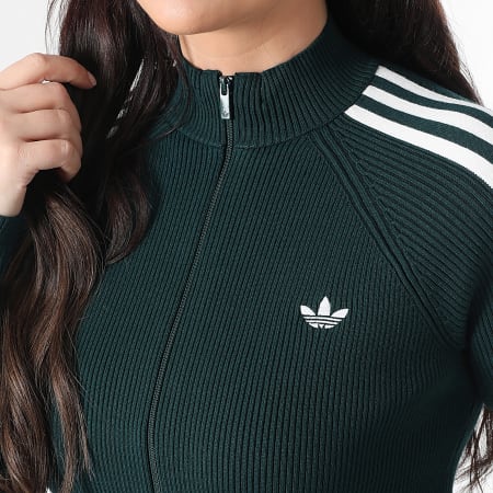Adidas Originals - Veste Zippée En Mailles A Bandes Femme Slim Knit JY2599 Vert Bouteille