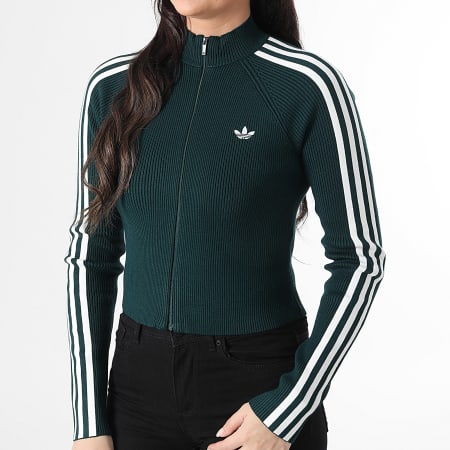 Adidas Originals - Veste Zippée En Mailles A Bandes Femme Slim Knit JY2599 Vert Bouteille