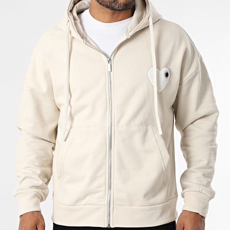 ADJ - Sweat Capuche Zippé Coeur Chic Beige Blanc
