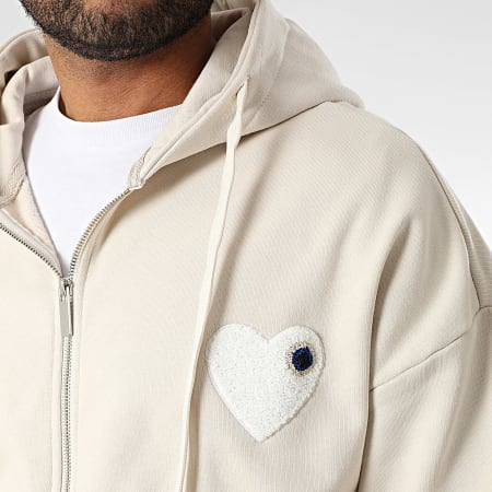 ADJ - Sweat Capuche Zippé Coeur Chic Beige Blanc