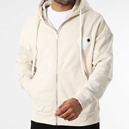 ADJ - Sweat Capuche Zippé Coeur Chic Beige Blanc