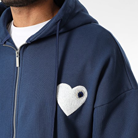 ADJ - Sweat Capuche Zippé Coeur Chic Bleu Marine Blanc