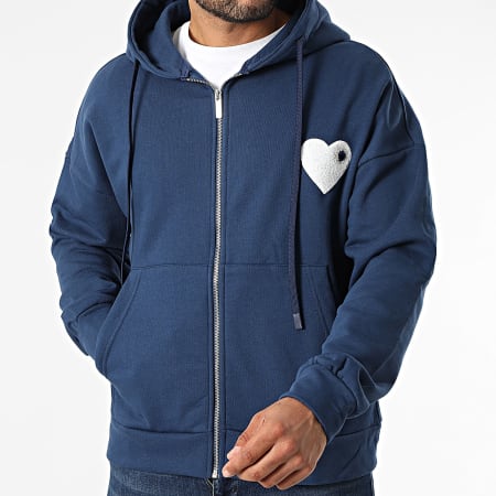 ADJ - Sweat Capuche Zippé Coeur Chic Bleu Marine Blanc