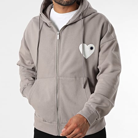 ADJ - Sweat Capuche Zippé Coeur Chic Taupe Blanc
