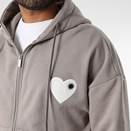 ADJ - Sweat Capuche Zippé Coeur Chic Taupe Blanc