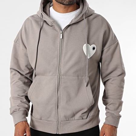 ADJ - Sweat Capuche Zippé Coeur Chic Taupe Blanc