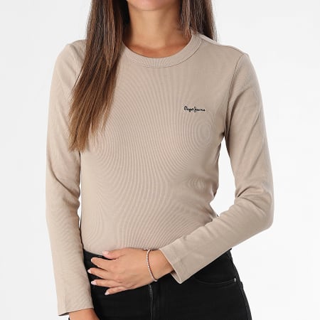 Pepe Jeans - Tee Shirt Manches Longues Femme Rib Betina PL5000025 Beige Foncé