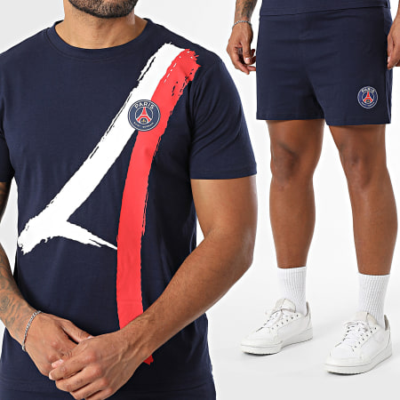PSG - Ensemble Tee Shirt Et Short Jogging Paris Saint Germain P25205C Bleu Marine Blanc Rouge