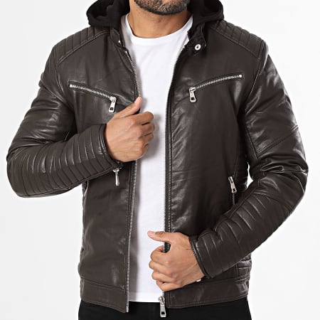 Kymaxx - Veste Capuche Biker Simili Cuir Marron Foncé