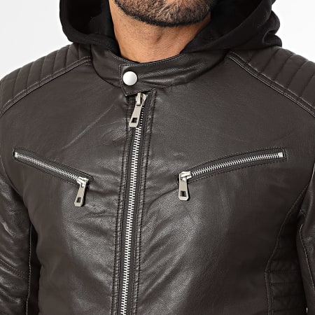 Kymaxx - Veste Capuche Biker Simili Cuir Marron Foncé