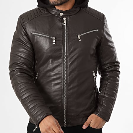 Kymaxx - Veste Capuche Biker Simili Cuir Marron Foncé